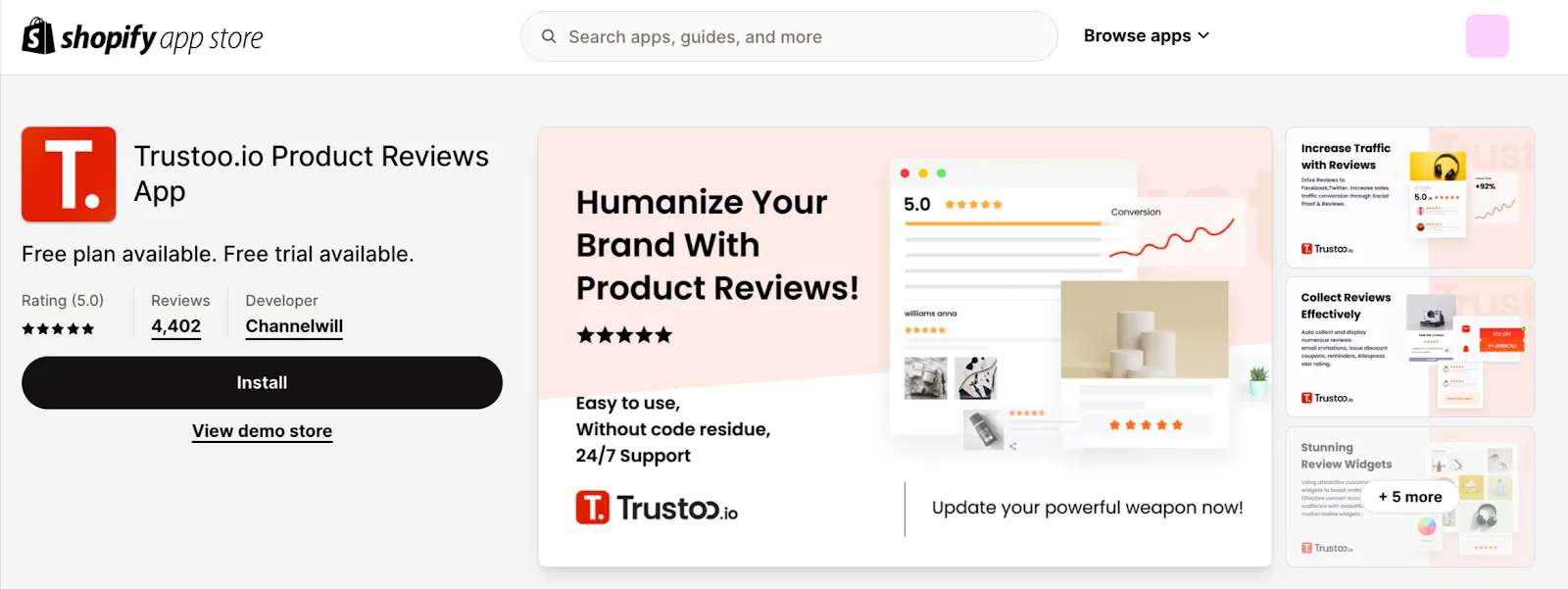 Trustoo.io app within Shopify app store