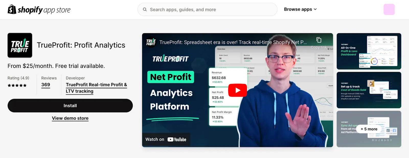 TrueProfit app within Shopify App Store