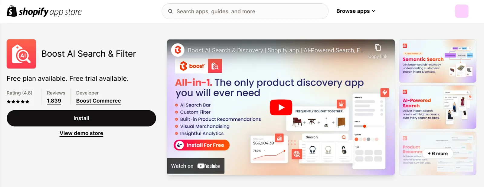 Screenshot of Boost AI Search app within Shopify App Store