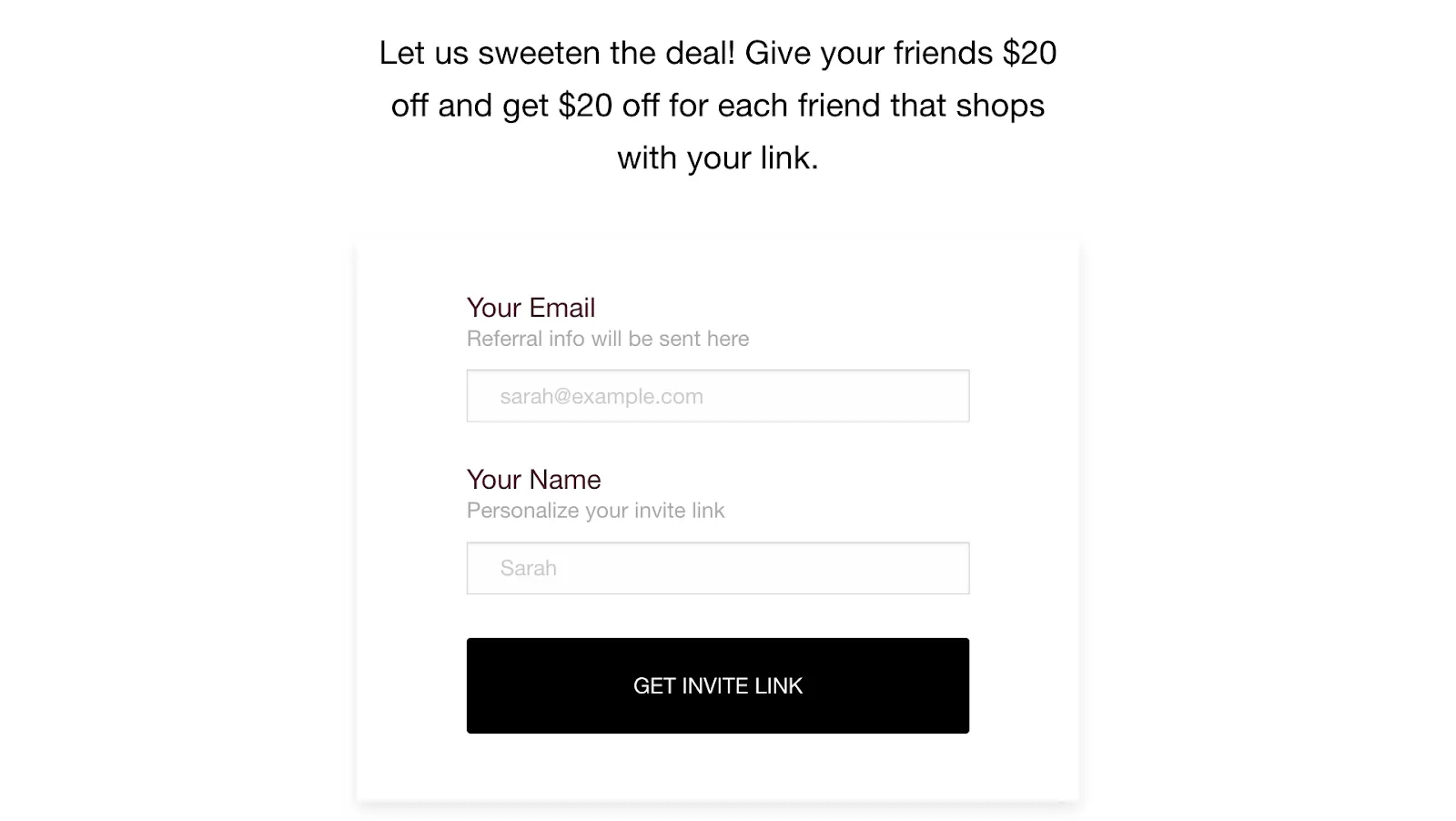 Referral program form from Honeylove