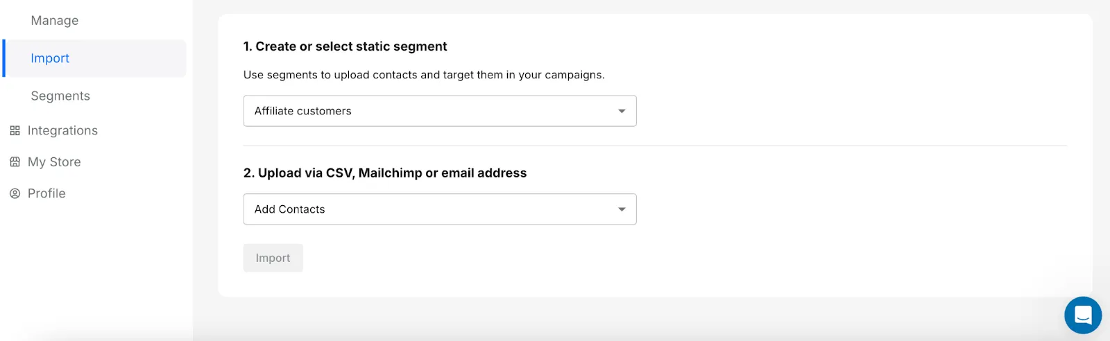 Affiliate contact import settings