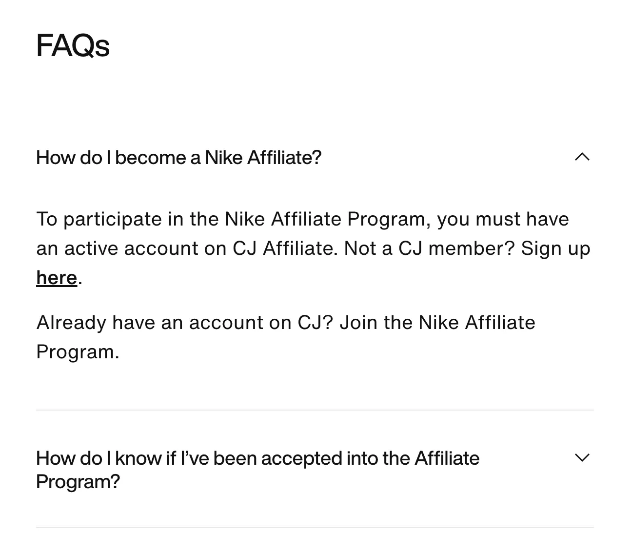 FAQ section of Nike affiliate program