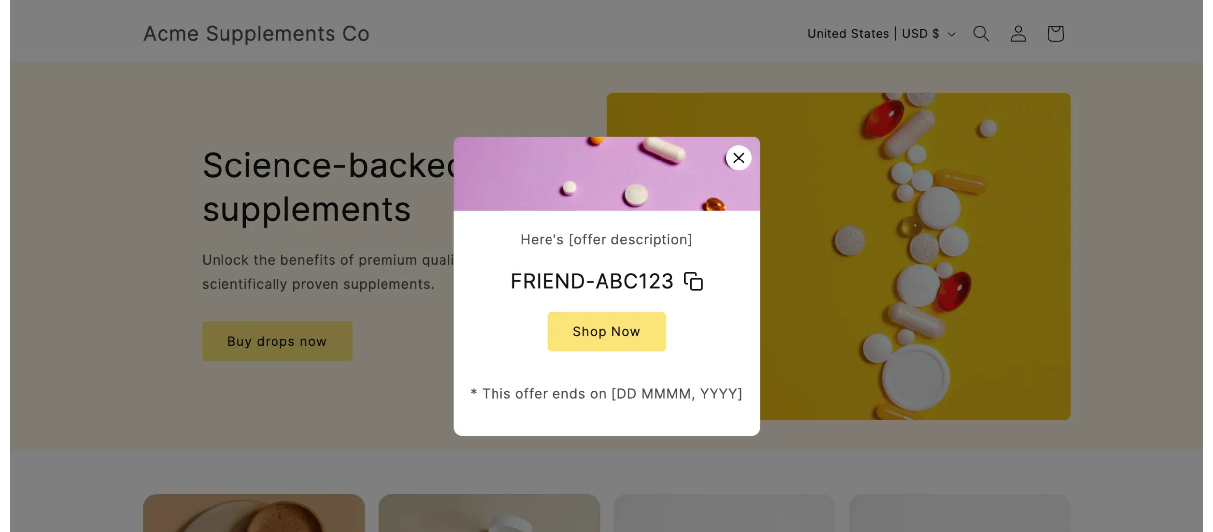 Friend offer pop up on shopify app