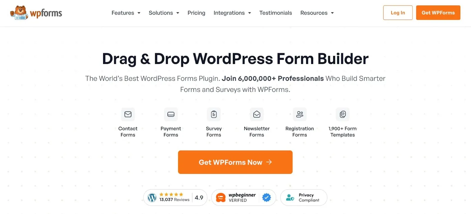 Home page of WordPress form builder WPForms