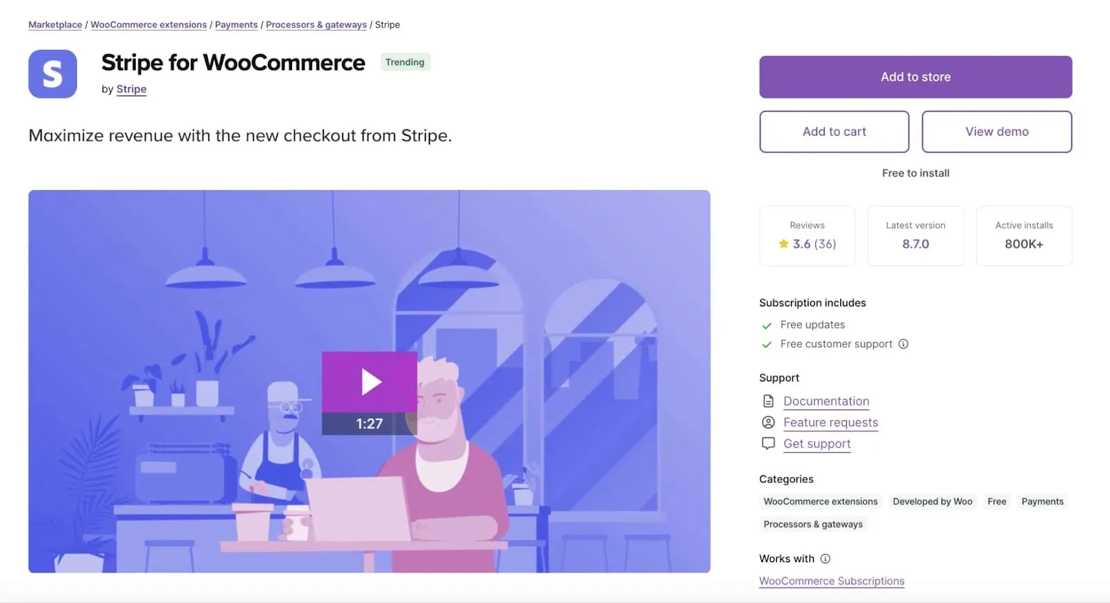 Product page of Stripe for WooCommerce