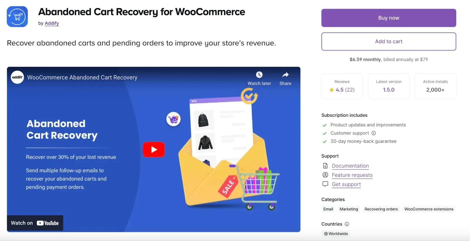 WooCommerce landing page of Abandoned Cart Recovery tool