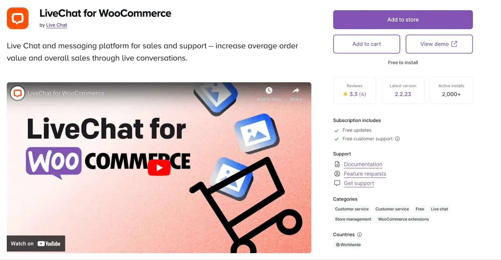 Product landing page of LiveChat for WooCommerce