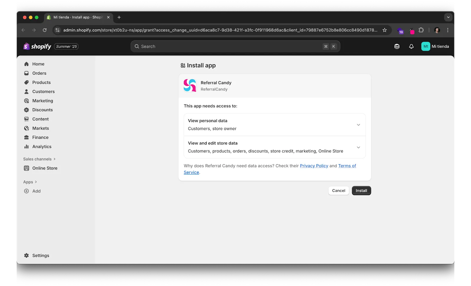 Step 1 of installing referral program on Shopify