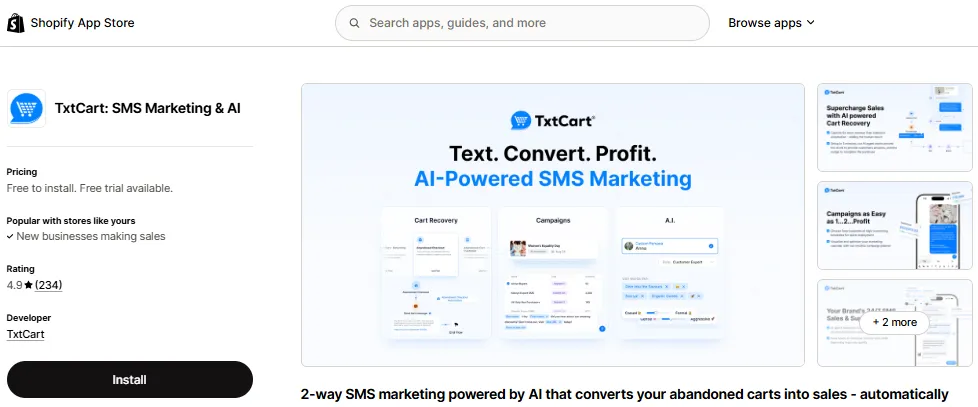 Txtcart Home page on Shopify