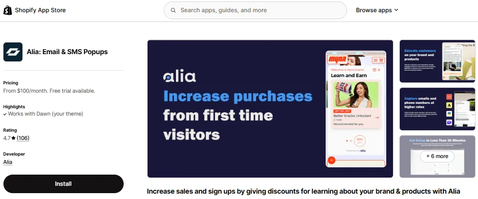 Alia email and SMS popups shopify app