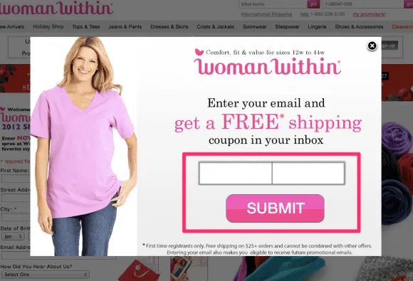 Popup example from online retailer.