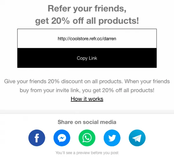 referralcandy preview friend landing page referral link with sharing buttons