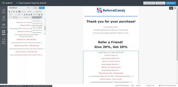 referralcandy klaviyo integration merge tags add referral links into newsletters