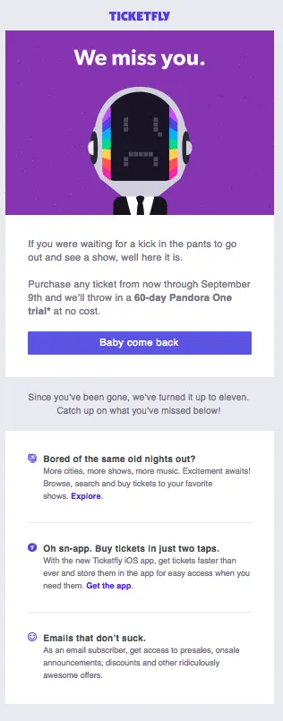 ecommerce slow months - winback emails ticketfly -- referralcandy jilt guestpost