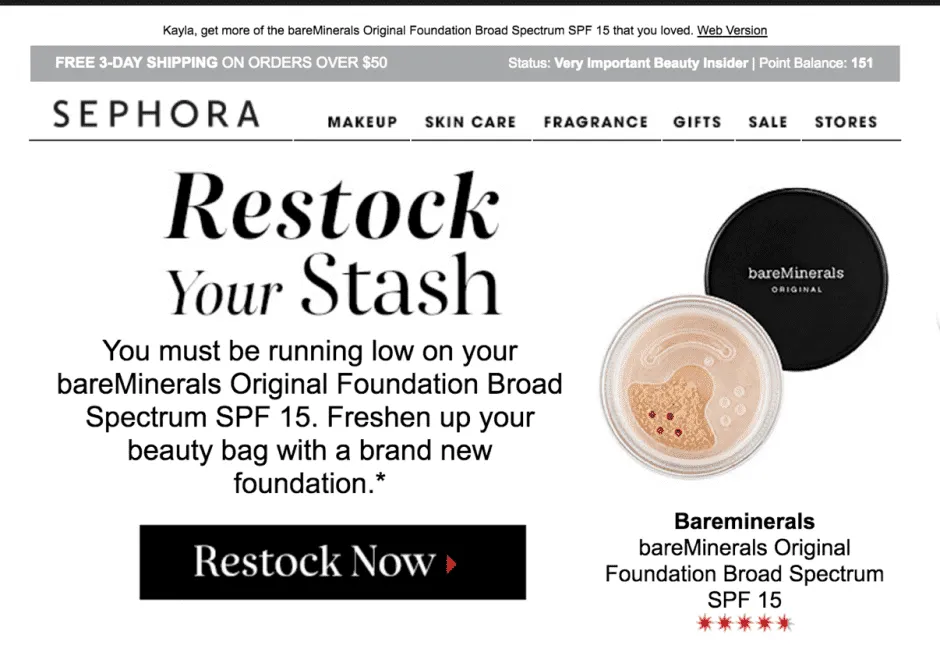 ecommerce slow months - restock replenishment emails sephora -- referralcandy jilt guestpost