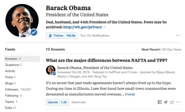 POTUS44 Barack Obama's Quora profile