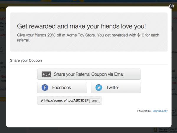 ReferralCandy post-purchase popup widget