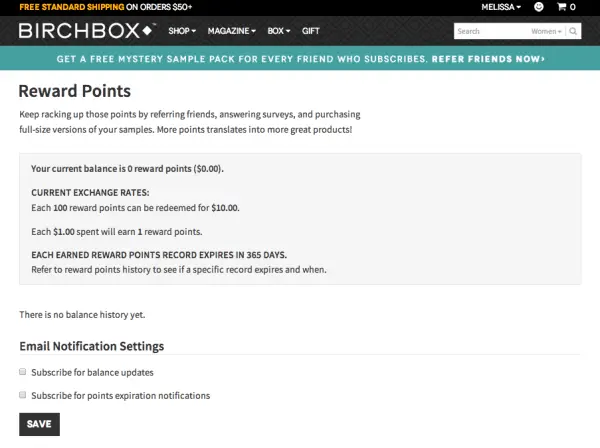 Birchbox reward points