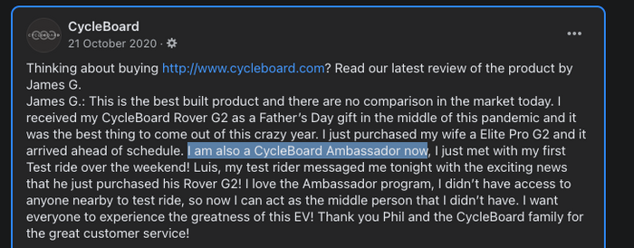 cycleboard ambassador facebook post