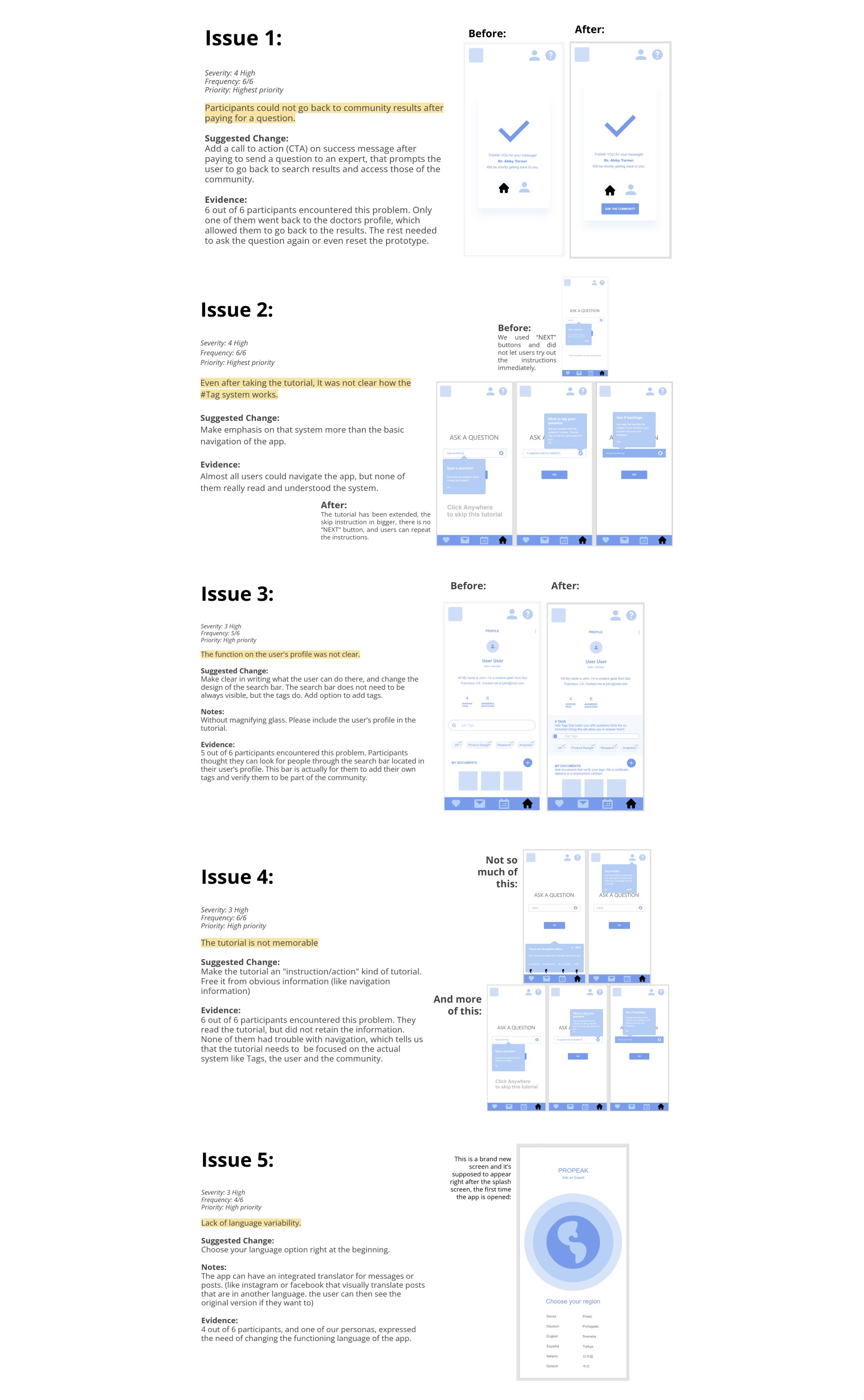 For each problem identified in the usability testing, an issue was pin-pointed and solved. The first iterations were showned.