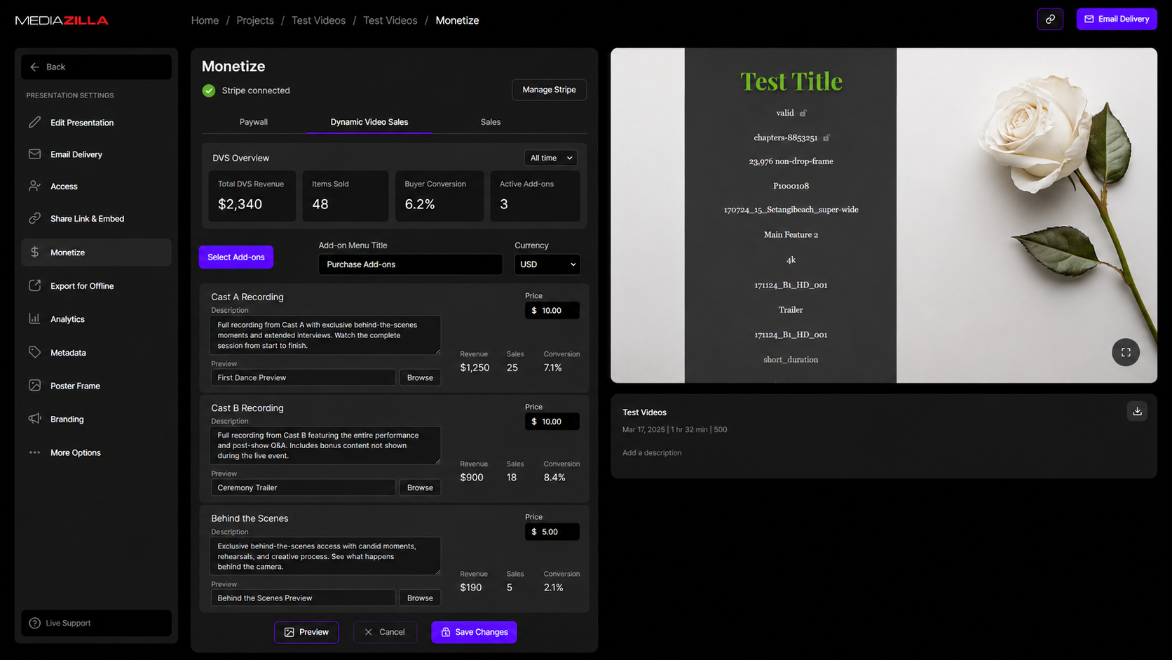 Dynamic Video Sales tab with add-on performance