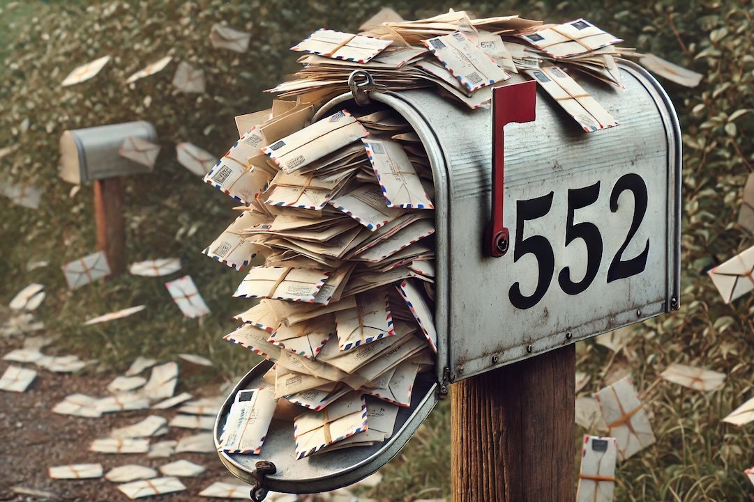 Ancienne boîte aux lettres avec l'adresse 552 pleine de lettres qui ne peuvent plus entrer.