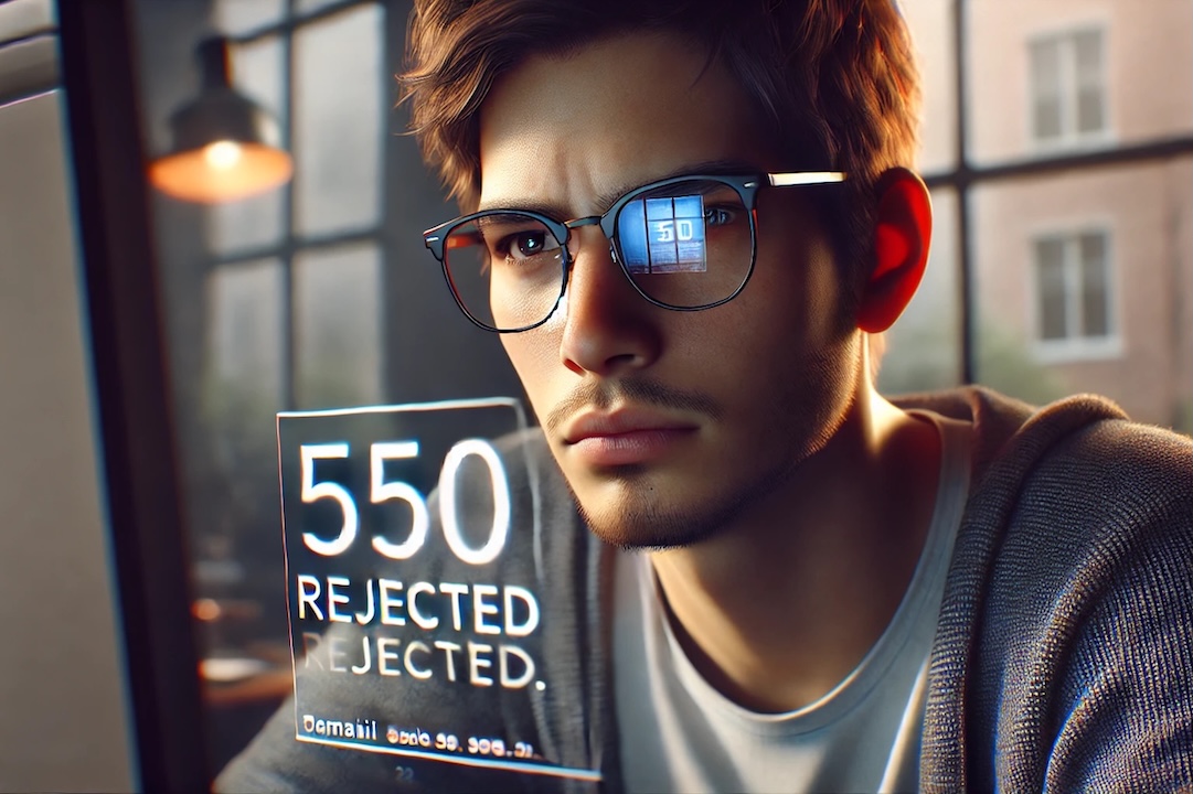 A frustrated young man in front of a screen that displays 550 rejected