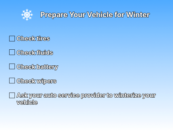 checklist showing 5 steps winterizing your vehicle