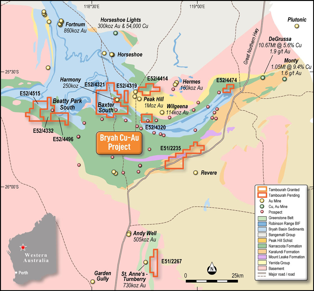Map of Tambourah Metals Bryah Basin gold projects