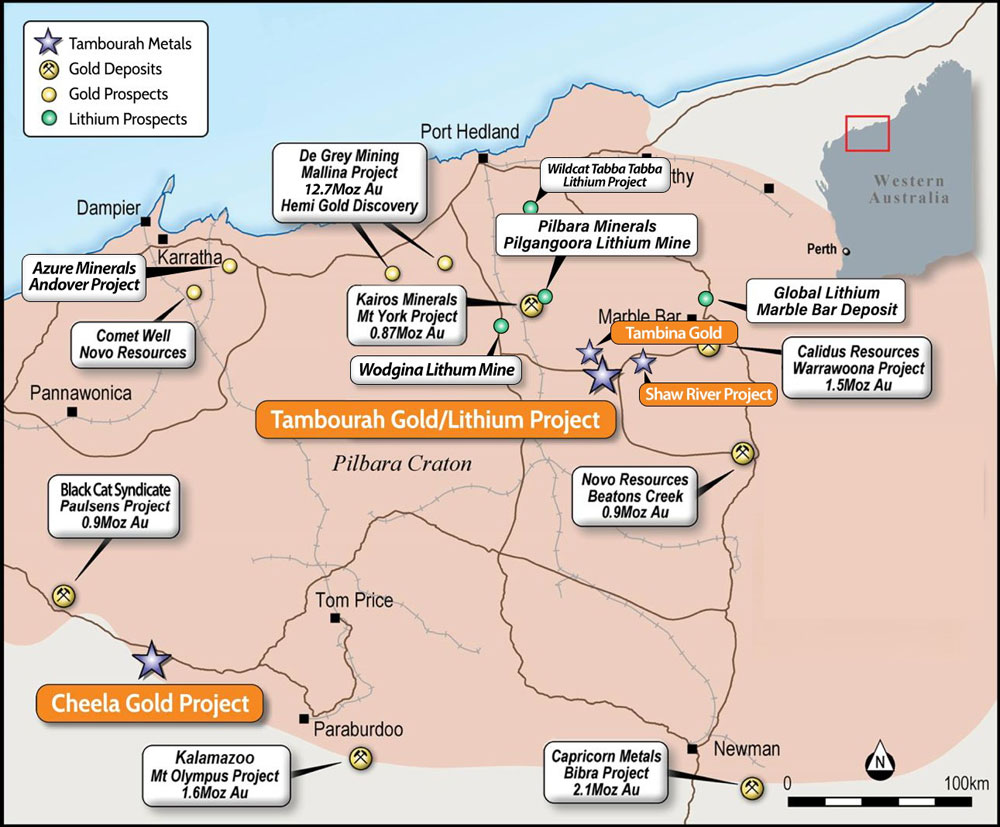 Map of Tambourah Metals Pilbara Gold Projects