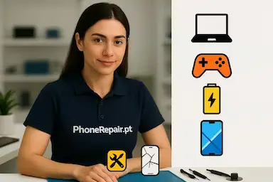 A woman wearing a navy blue shirt with "PhoneRepair.pt" printed on it, sitting at a table with repair tools. Icons of a broken phone, a laptop, a game controller, a battery, and a smartphone are displayed beside her.
