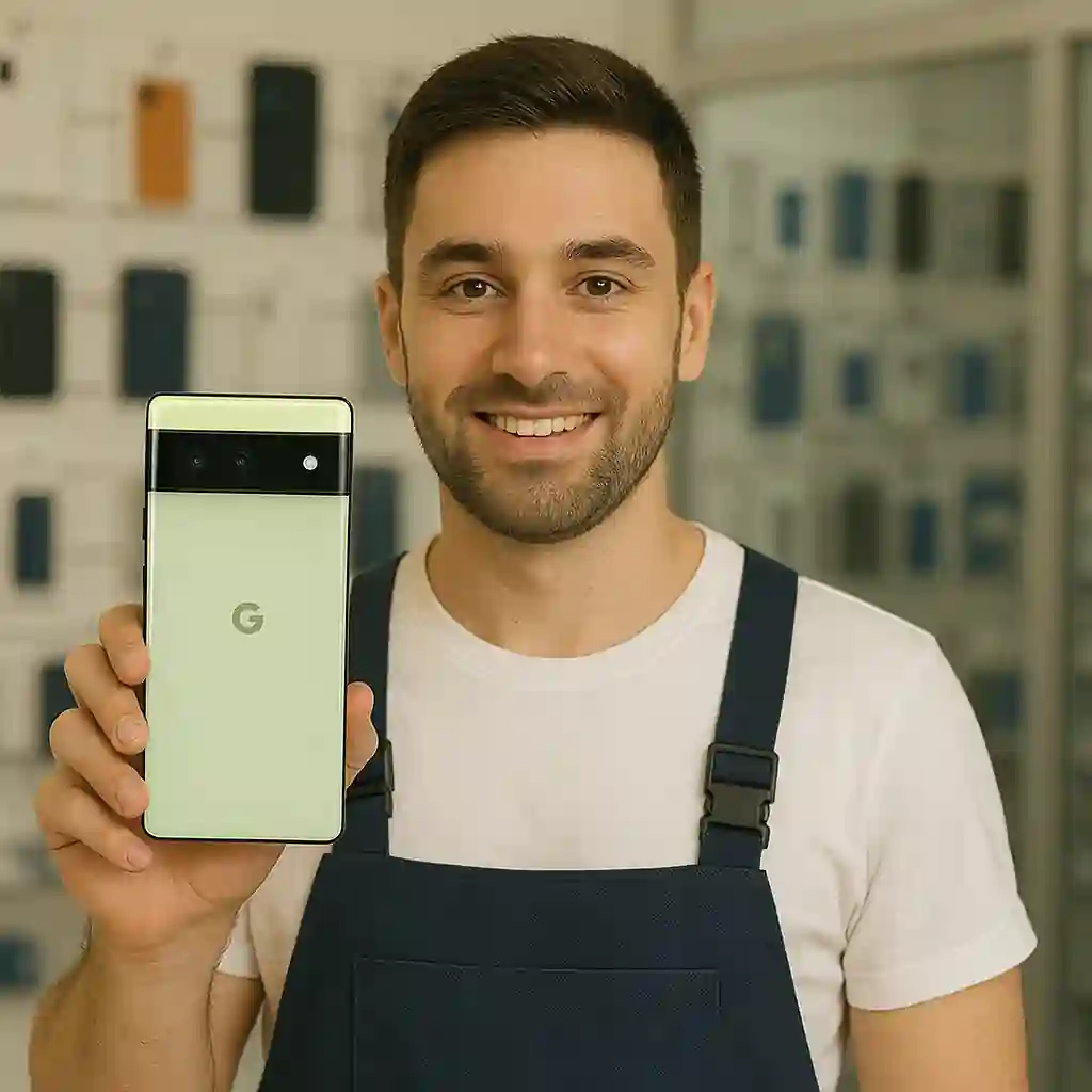 a technician holding Google Pixel phone