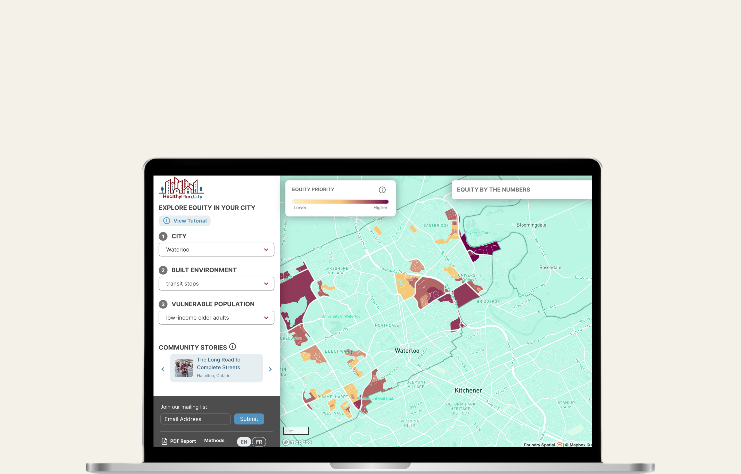 Mockup of HealthyPlace.city on a laptop