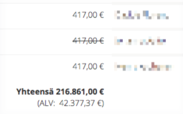 Ostoskori, jossa kolme hintaa 417,00 euroa ja kokonaissumma 216 861,00 euroa, ALV 42 377,37 euroa.