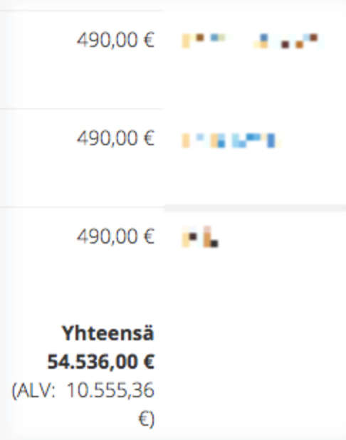 Luettelo kolmesta 490,00 euron erästä ja kokonaissumma 54 536,00 euroa, sisältäen arvonlisäveron osuuden 10 555,36 euroa.