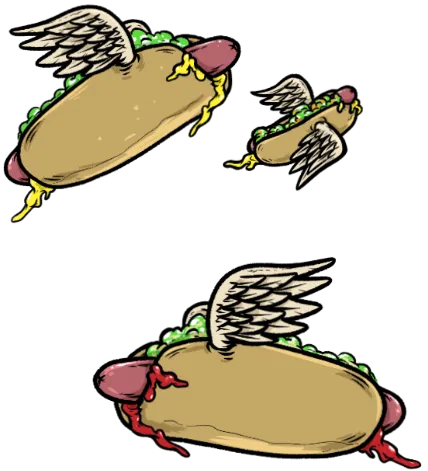 Drawing of three flying hot dogs.