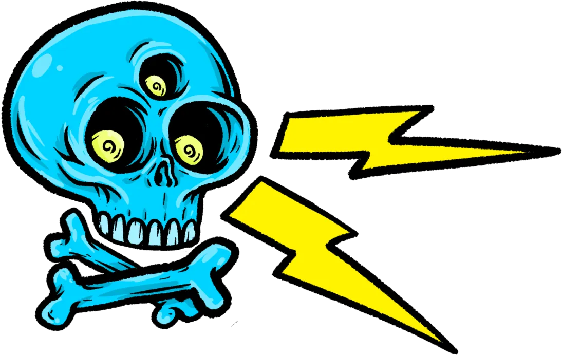 This image shows a skull and cross bones with three eye sockets and lightning coming out towards the middle menu heading.