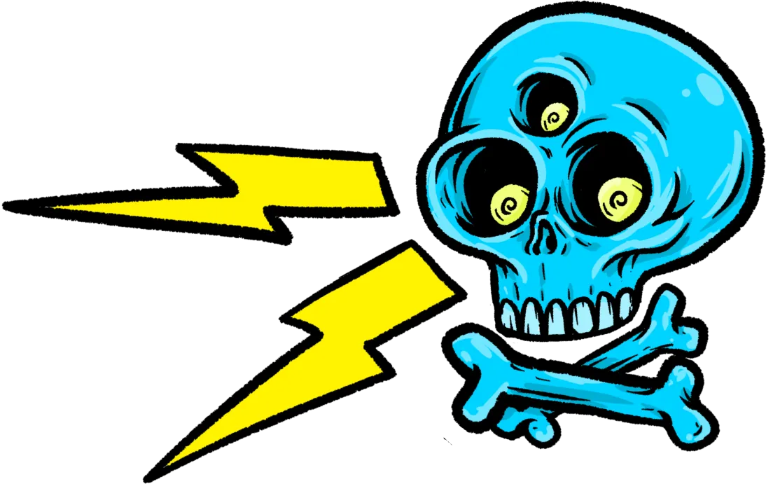 This image shows a skull and cross bones with three eye sockets and lightning coming out towards the middle menu heading.
