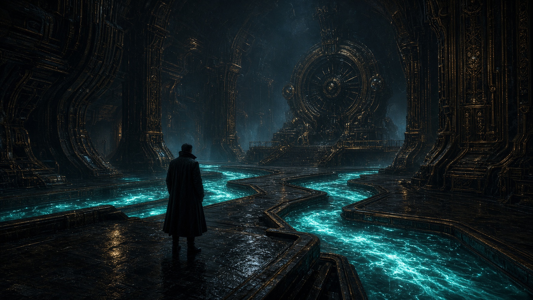 A lone figure in a dark coat stands on a wet reflective stone platform with glowing blue water channels flowing through an ancient, ornate, and dimly lit hall featuring large archways and a massive circular structure at the far end.
