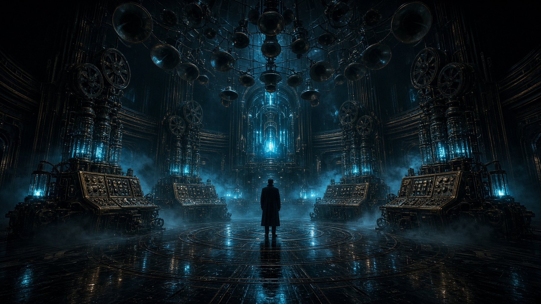 A person in a long coat stands in a large, dark, futuristic room with glowing blue lights and intricate machinery, surrounded by mist on a reflective floor.