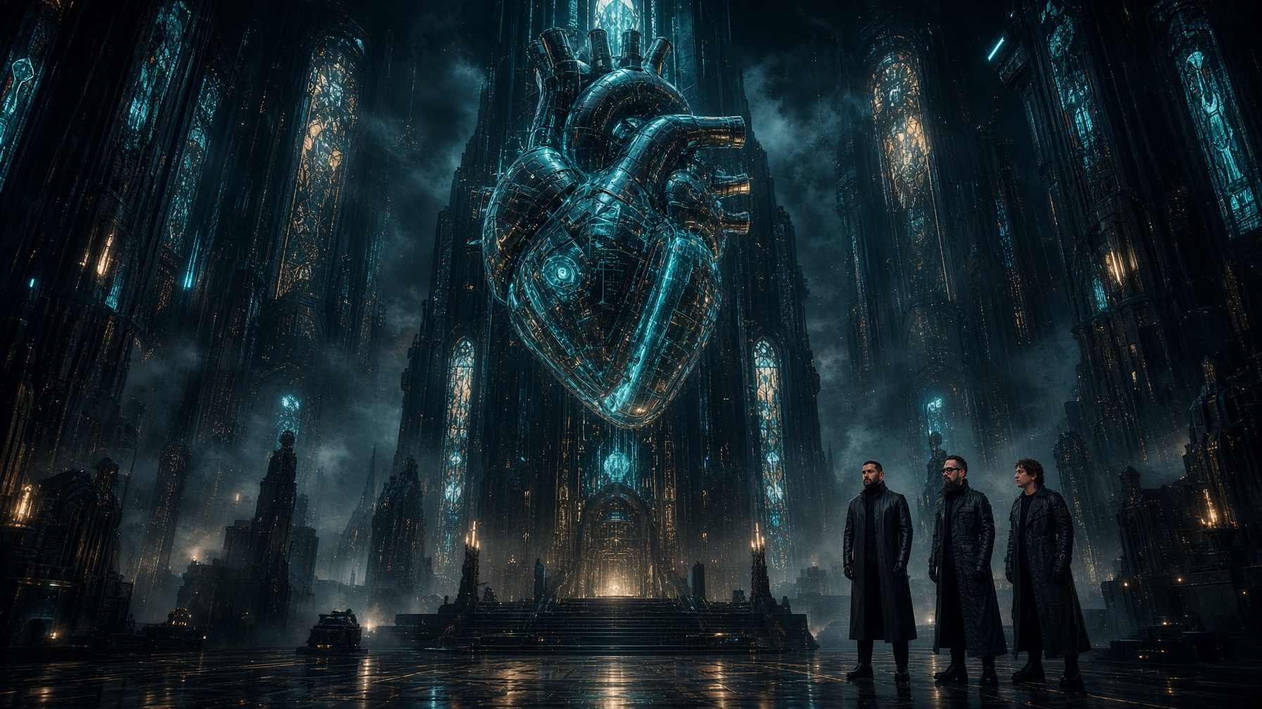 Futuristic gothic cathedral interior with tall illuminated stained-glass windows and a large glowing mechanical heart suspended above the altar, three men in dark coats stand on the polished floor facing it.
