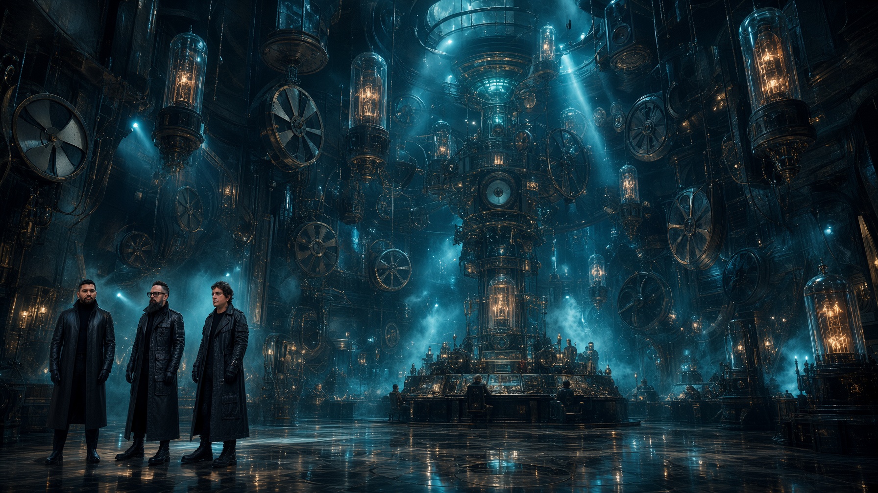 Three men in dark long leather coats stand in a vast, dimly lit steampunk-style room filled with large mechanical gears, fans, and complex machinery with glowing lights and blue mist, creating a mysterious atmosphere.