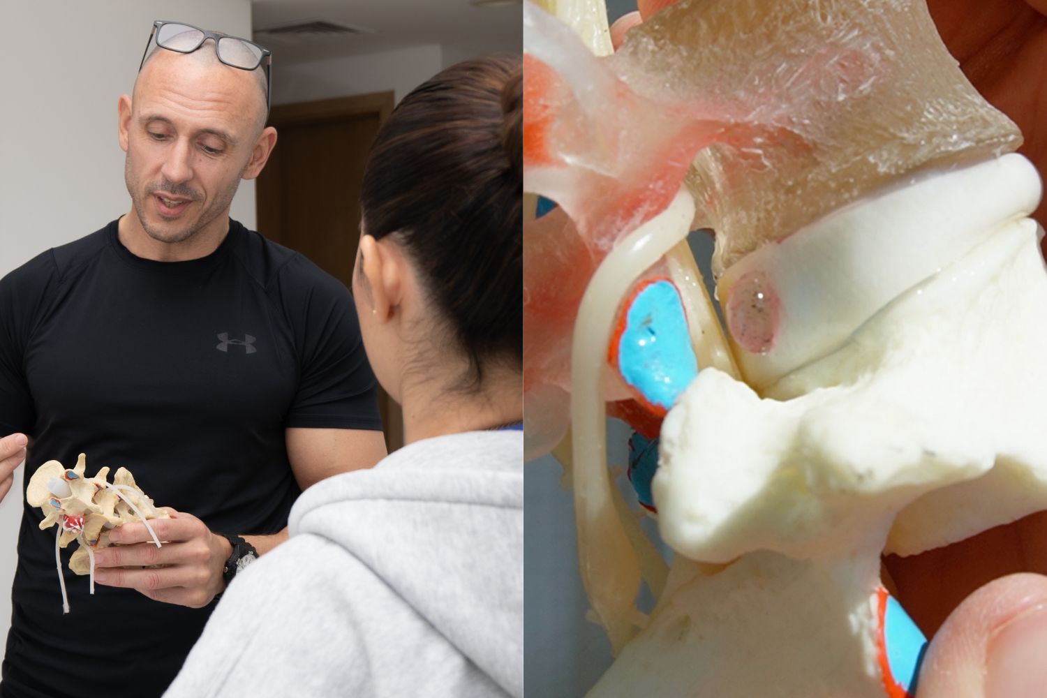 Andy showing Dynamic Disc Design model to client. And close-up of DDD model