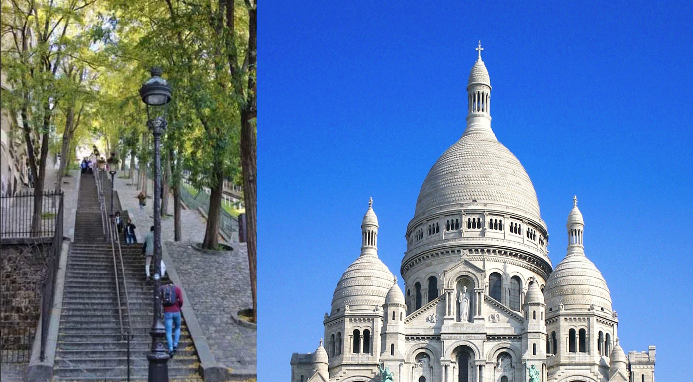 the staircase leading up to Sacre Coeur, and the cathedral itself
