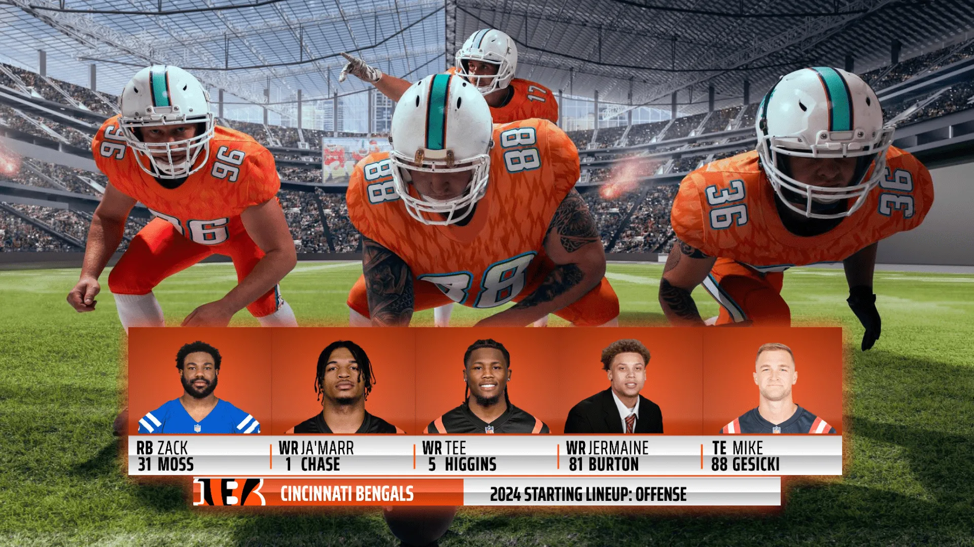 American football players with a football lineup lower third on screen