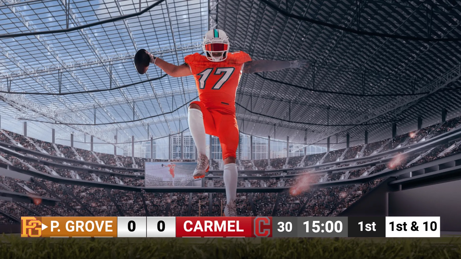 An American football game with a football scoreboard