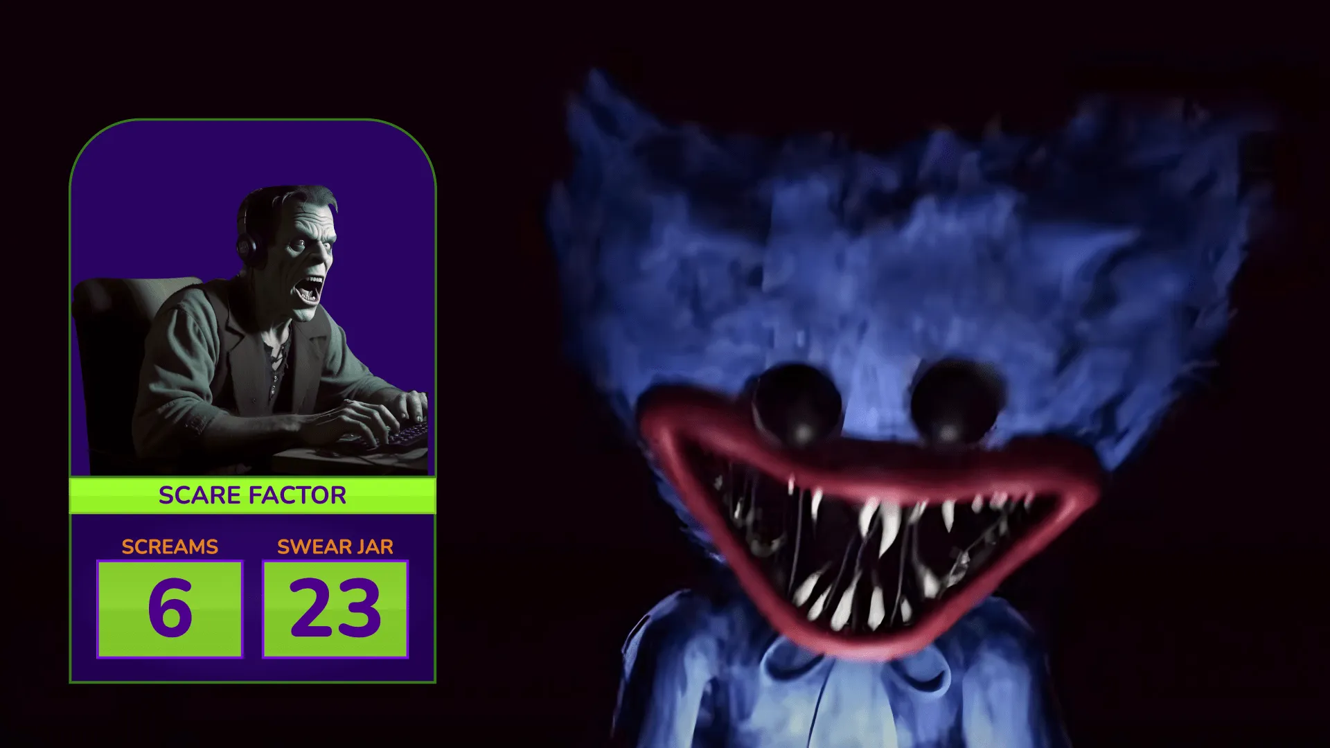 A video game player getting scared by a horror game with a counter overlay
