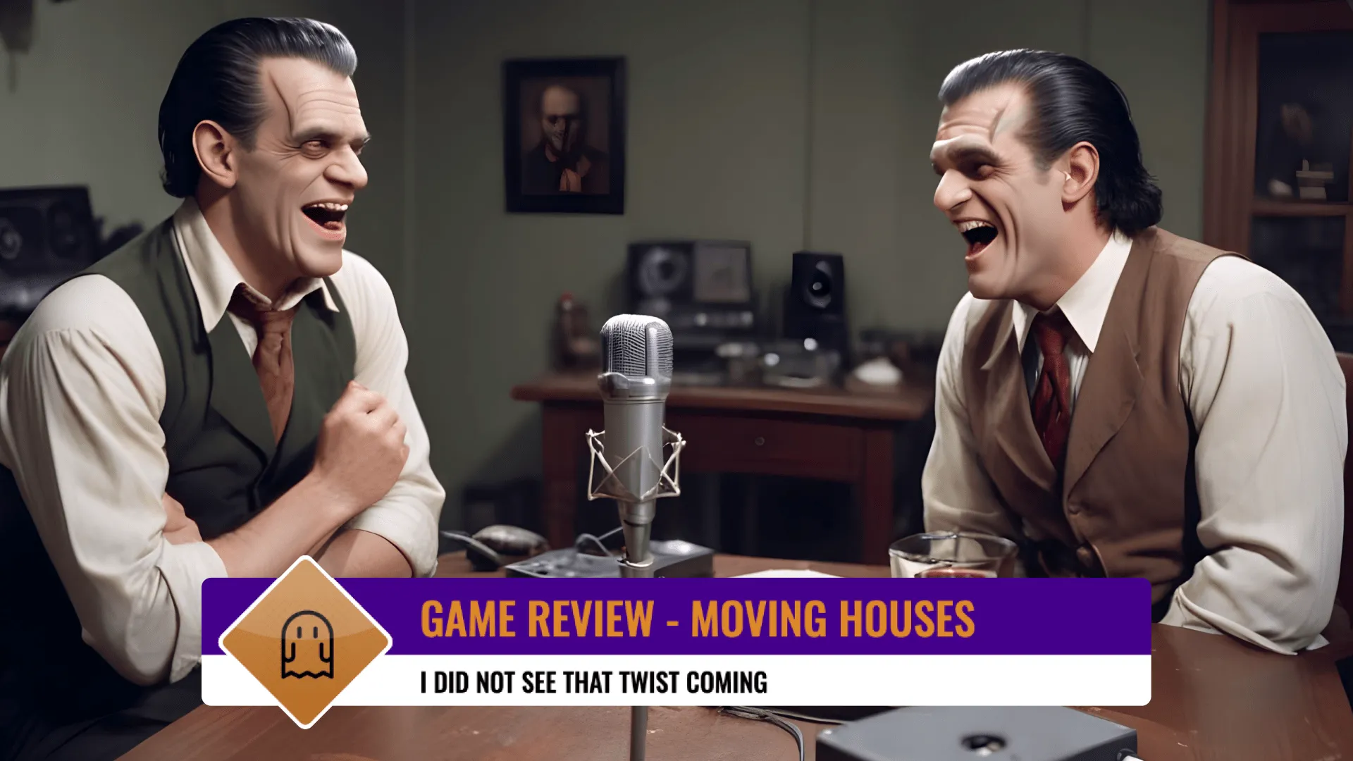 Two live podcasters in Halloween costumes discussing a game with a Halloween overlay