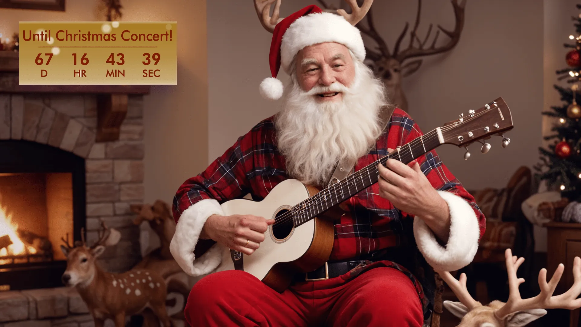 A musician dressed as Santa playing a guitar, with a small countdown stream graphic on the left counting down to a Christmas concert.