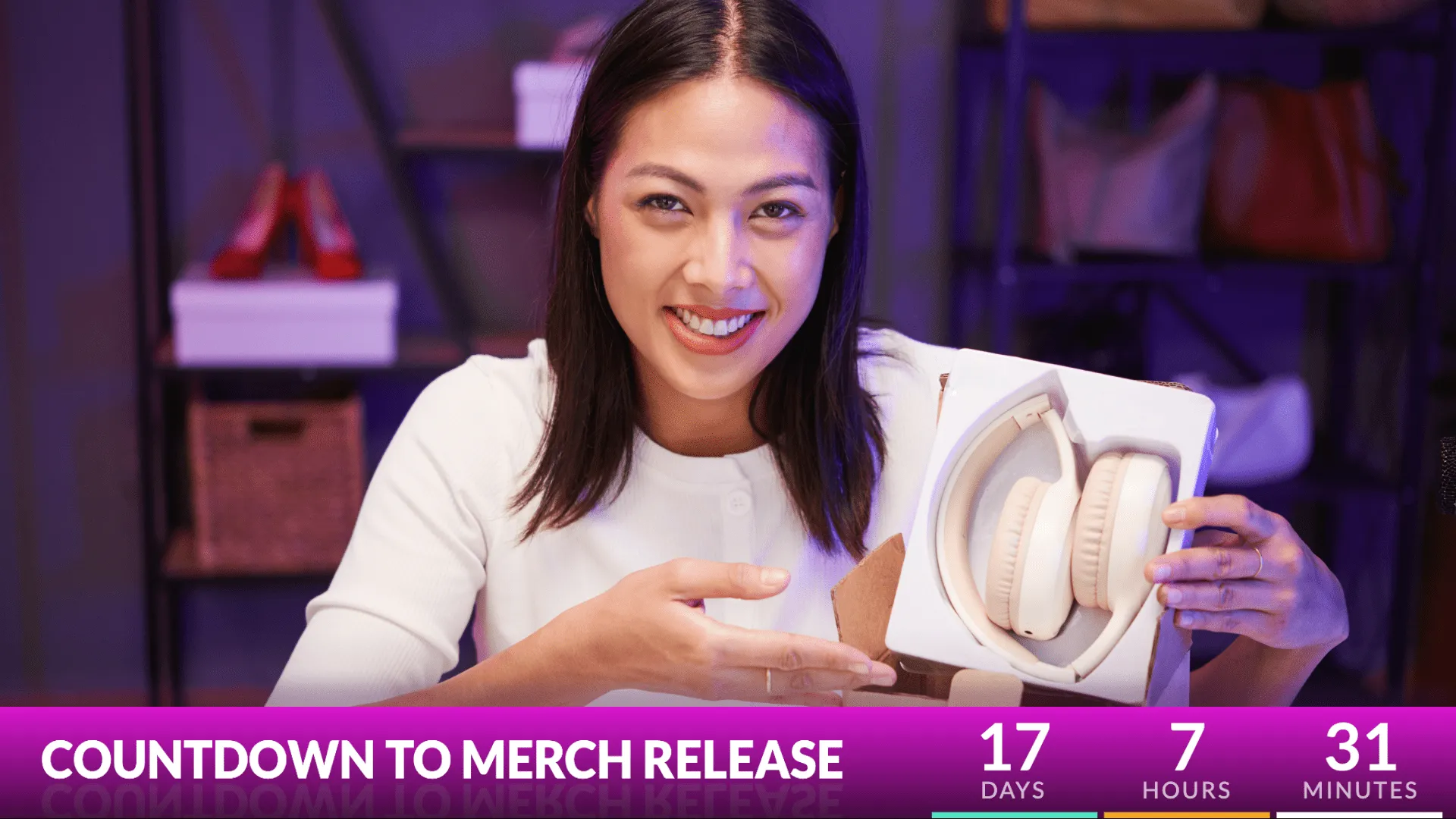 A live ecommerce streamer using a countdown overlay to count down to merch release.